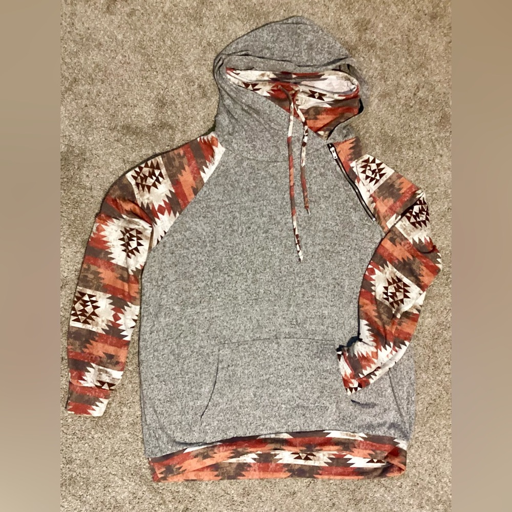 Red and Gray Turtleneck Sweater with Geometric Pattern